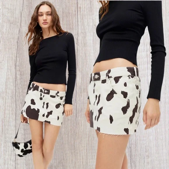 Urban Outfitters Skirts Urban Outfitters Bdg Cow Print Denim Mini Skirt Cream White Brown New Large Poshmark